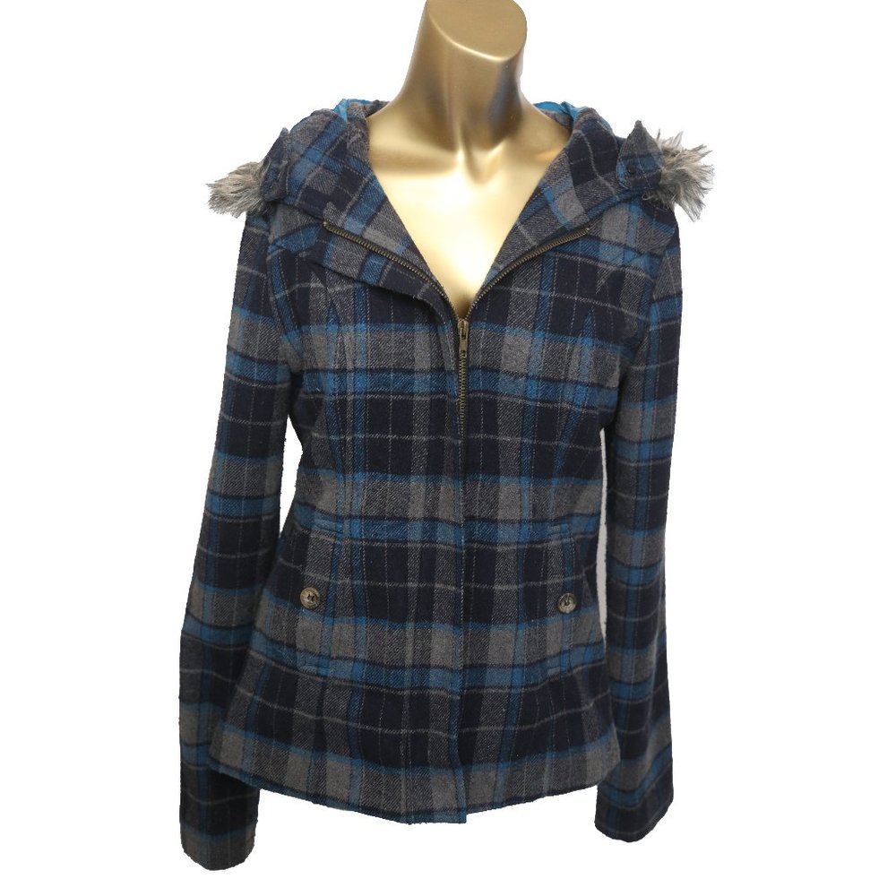 Francesca's Closet plaid blue jacket with fur hood Small